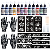 YOEALABY temporary tattoo ink bottles display with 12 vibrant colors for creative DIY designs