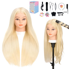 Yofuly 26-inch gold real human hair mannequin head ideal for precise curling practice.