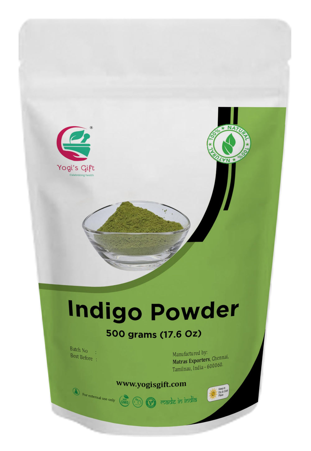 Yogi’s Gift Indigo Powder packaging highlights 100% pure, chemical-free hair dye.
