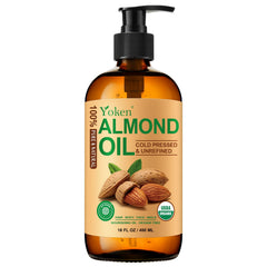 Yoken Almond Oil amber bottle closeup highlights pure, cold-pressed formula