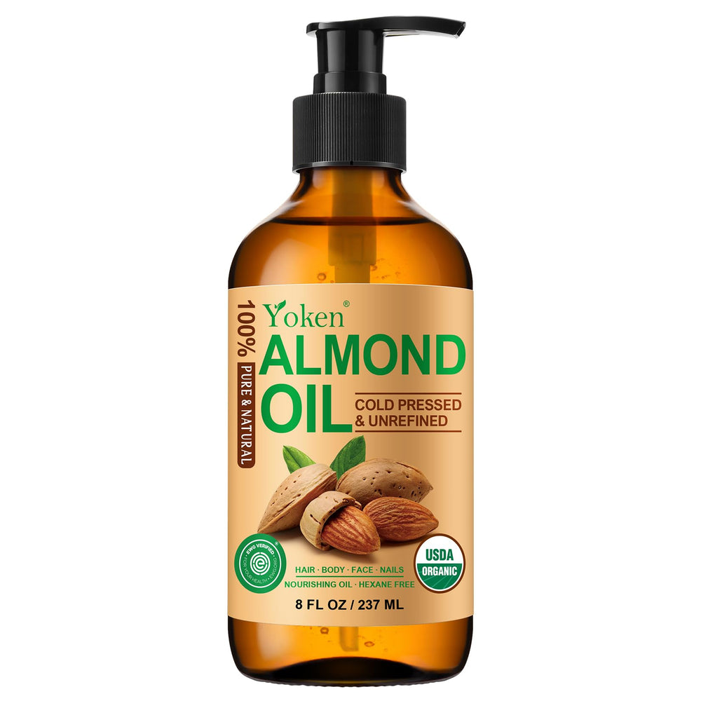 Yoken almond oil amber glass bottle showcases premium packaging and light protection.