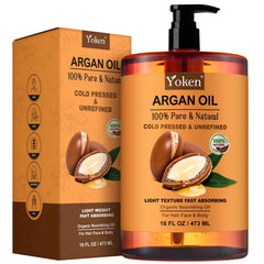 Yoken Argan Oil bottle closeup shows pure, cold-pressed nourishment for hair and skin.