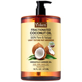 Yoken fractionated coconut oil bottle shows pure, odorless hydration for skin and body.
