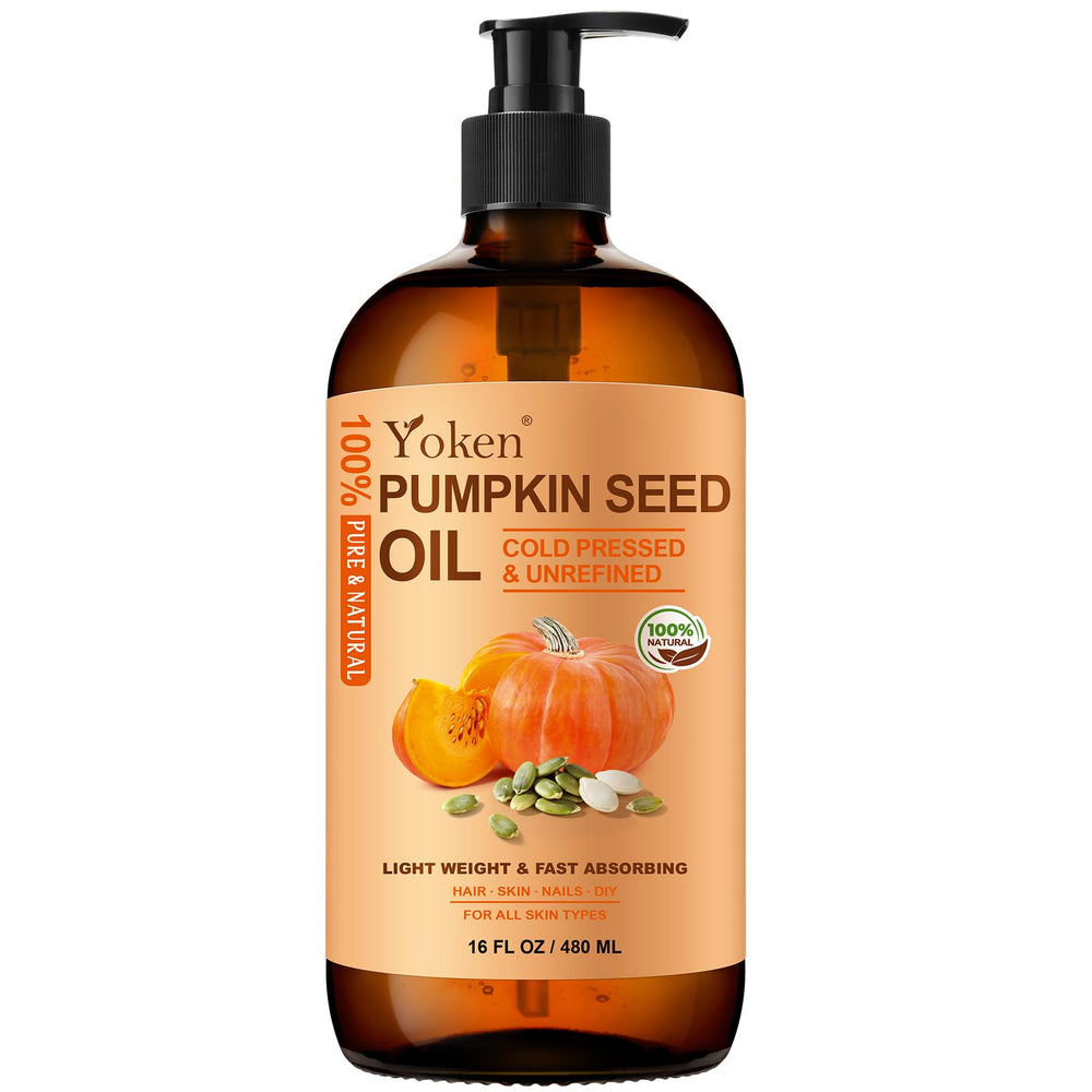 Yoken pumpkin seed oil bottle with pump for easy application and daily moisture.