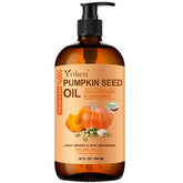 Yoken pumpkin seed oil bottle with pump for easy application and daily moisture.