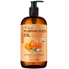 Yoken pumpkin seed oil bottle with pump for easy application and daily moisture.
