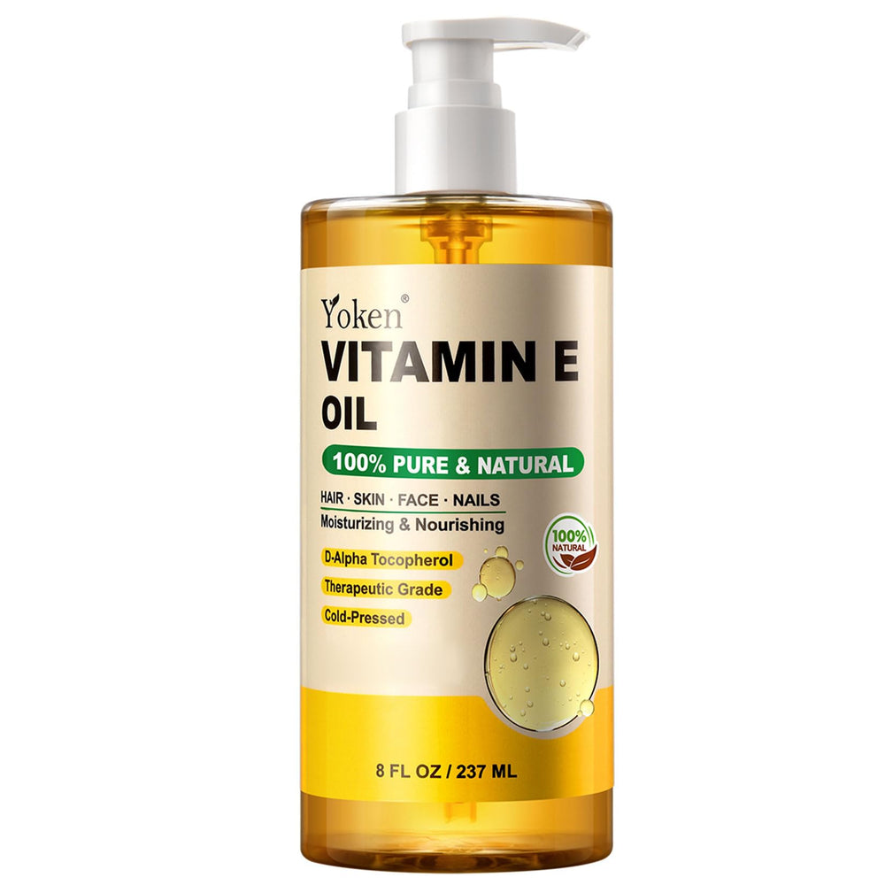Yoken Vitamin E Oil 8oz bottle front view for daily skin hydration.