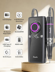 Yomanta USB rechargeable nail file shown with charging indicator for cordless convenience.