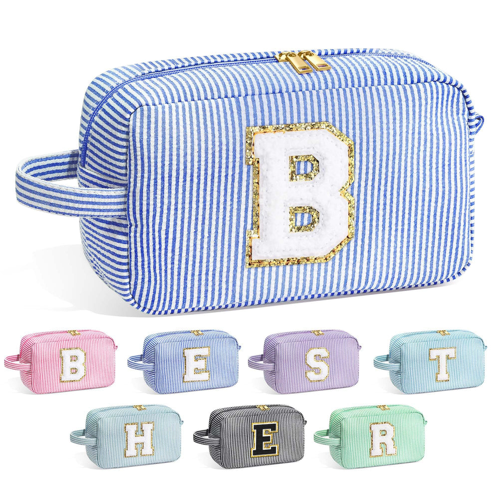 YOOLIFE bridesmaid makeup bag monogram blue front view for personalized bridal gift