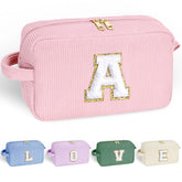 YOOLIFE corduroy makeup bag in pink with initial A for organized daily cosmetics.