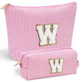 YOOLIFE cute pink initial makeup bag front view with stitched chenille letter for personalized style