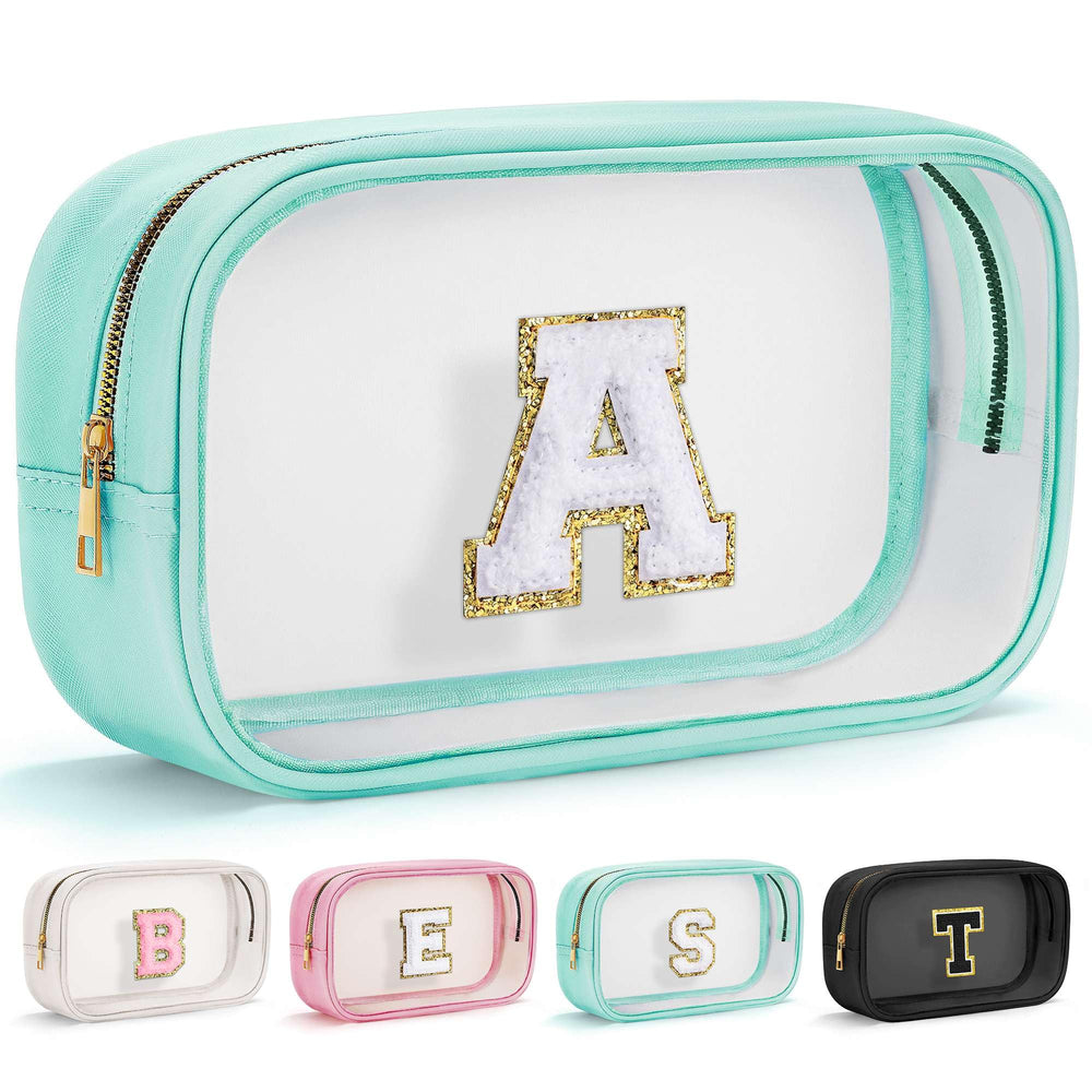 YOOLIFE Initial Clear Makeup Pouch in blue shows spacious organization for cosmetics.