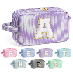 YOOLIFE initial girls makeup bag front with stitch chenille initial for a personalized gift look