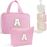YOOLIFE Initial Hanging Toiletry Bag pink closed, compact travel organizer for teens