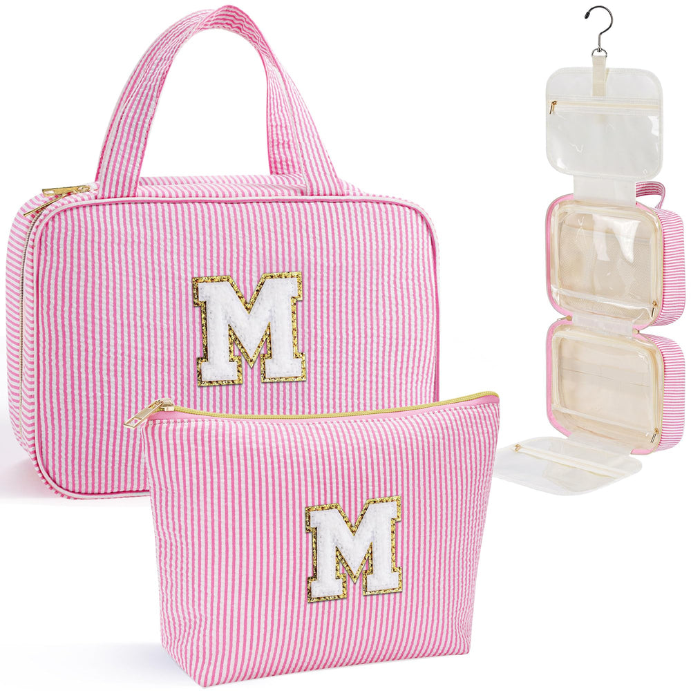 YOOLIFE initial hanging toiletry bag pink with gold patch for personalized gifting.
