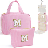 YOOLIFE initial hanging toiletry bag pink with gold patch for personalized gifting.