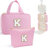 YOOLIFE initial hanging toiletry bag pink, ready for travel and easy organization.