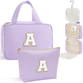 YOOLIFE initial hanging toiletry bag in purple front view, ideal for organized travel storage