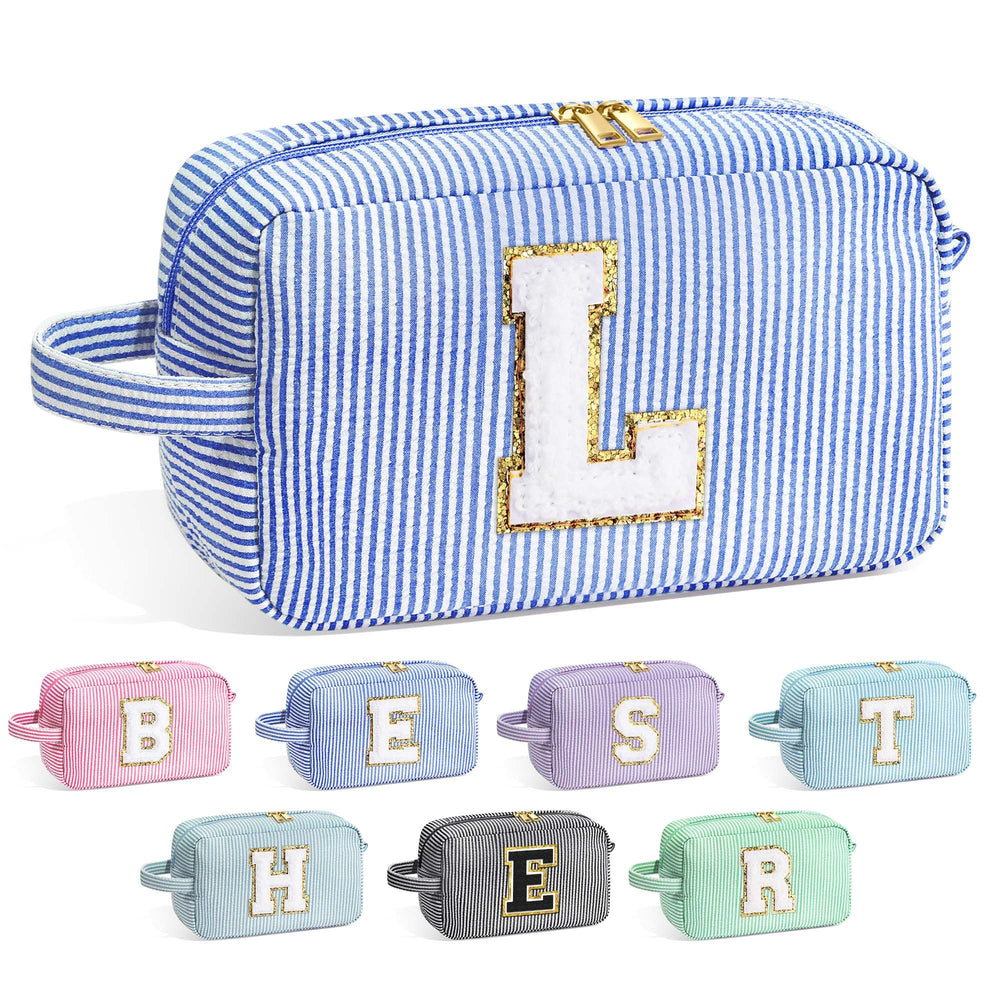 YOOLIFE initial makeup bag blue front chenille monogram texture for organized daily use