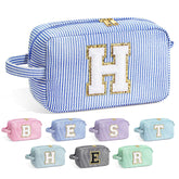 YOOLIFE Initial Makeup Bag blue front view showing compact, travel-friendly design for daily cosmetics