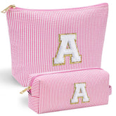 YOOLIFE initial makeup bag with chenille front letter for personalized gifting and quick recognition.