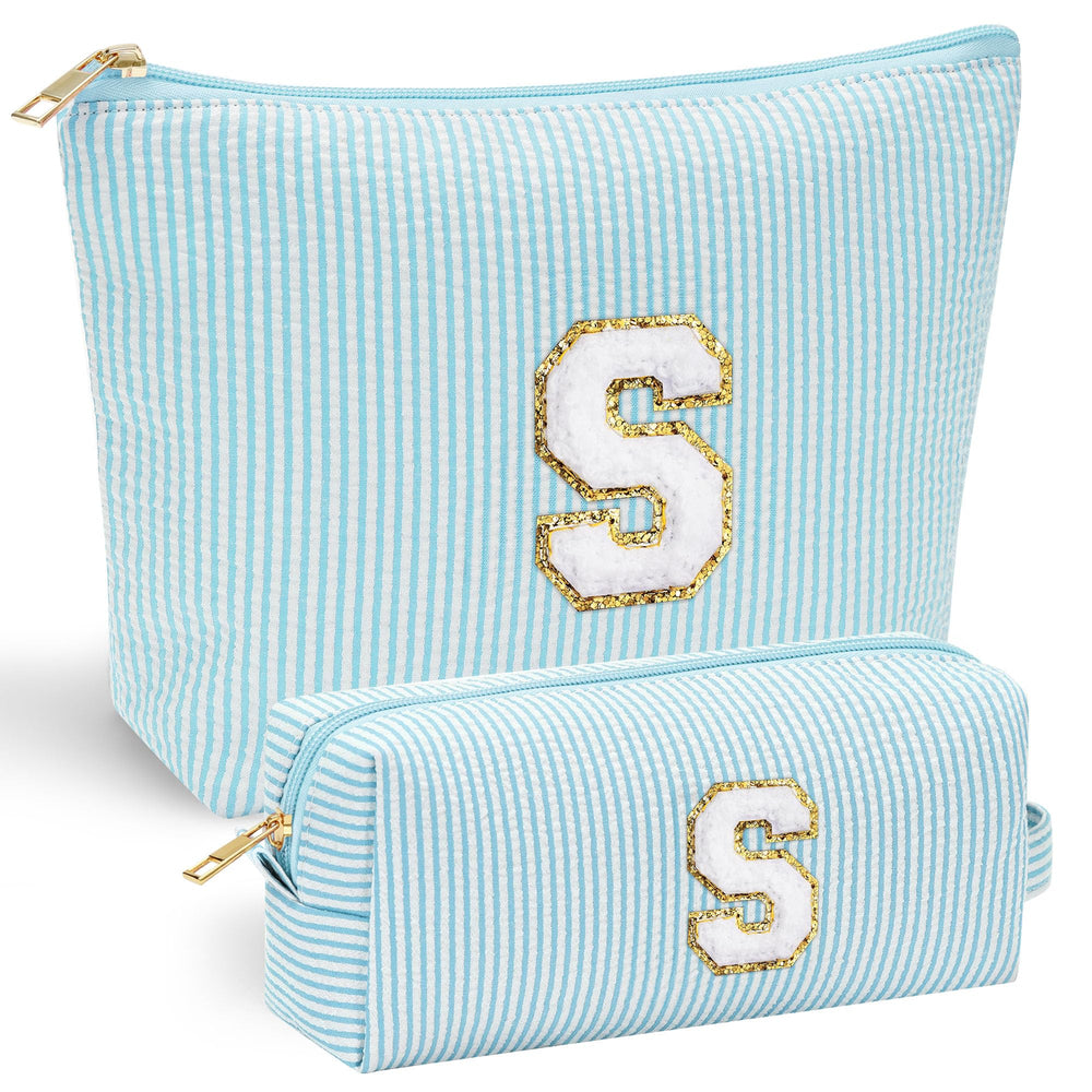 YOOLIFE initial makeup bag chenille front keeps cosmetics organized on the go.