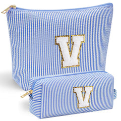 YOOLIFE Initial Makeup Bag front chenille letter V for durable, gift-ready style.