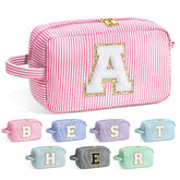 YOOLIFE initial makeup bag front chenille letter for organized cosmetics.