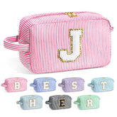 YOOLIFE Initial Makeup Bag pink front view showing monogram for organized cosmetics