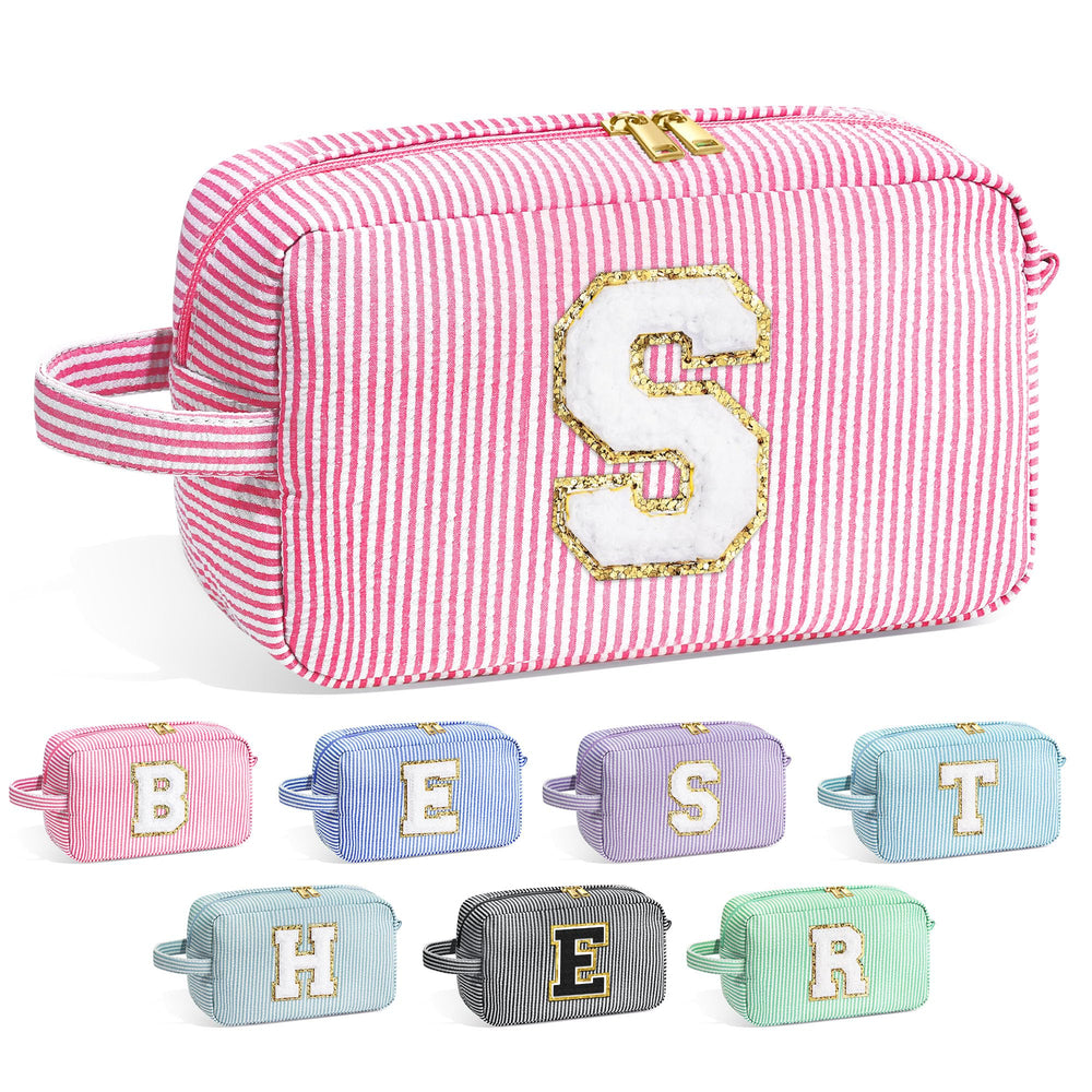 YOOLIFE initial makeup bag pink front view highlights organized storage for on-the-go use