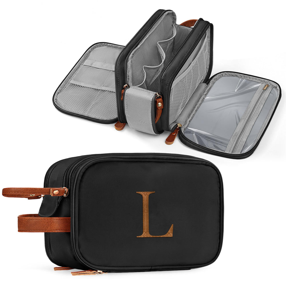 YOOLIFE initial toiletry bag front view shows organized compartments for travel packing.