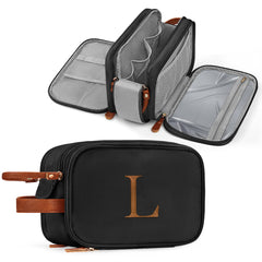 YOOLIFE initial toiletry bag front view shows organized compartments for travel packing.