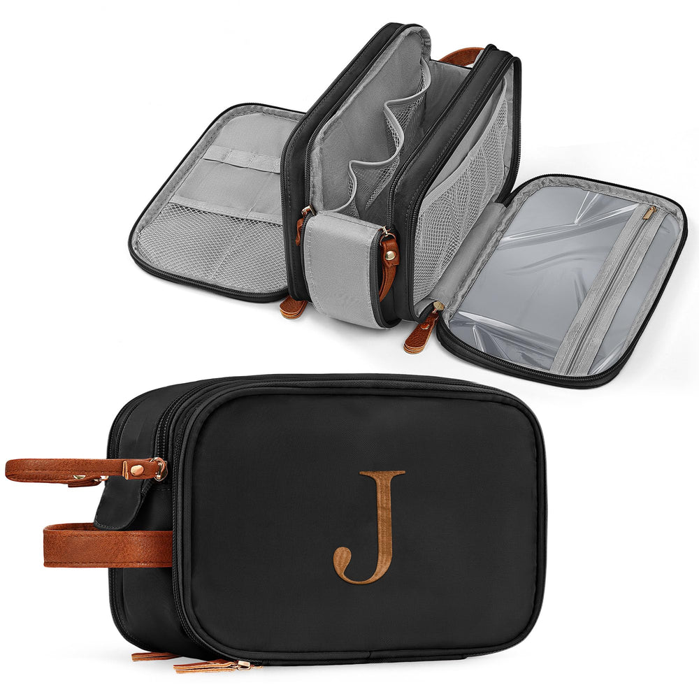 YOOLIFE initial toiletry bag front view with water-resistant shell for travel