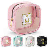 YOOLIFE Mini Initial Makeup Bag pink front view, clear panel for quick visibility of items