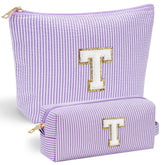 YOOLIFE Preppy Stuff cosmetic bag front view with chenille initial for personalized style