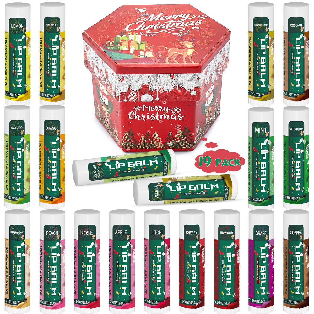 Yopela 19-pack Christmas lip balm bulk, festive packaging ideal for gifting and sharing.