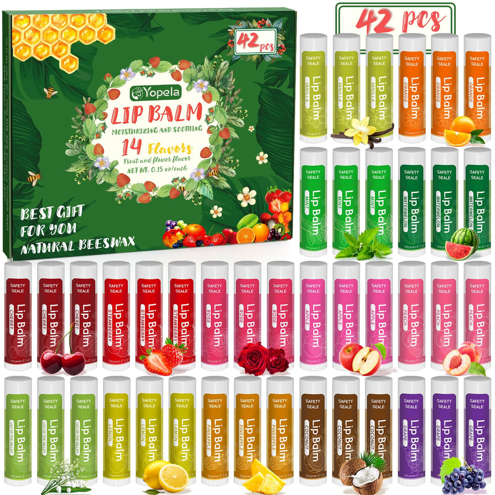 Yopela lip-balm-tubes 42-pack bulk with 14 flavors for daily hydration