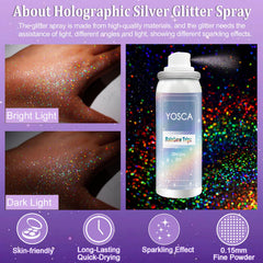 Yosca glitter spray applied to hair for festival-ready shine.