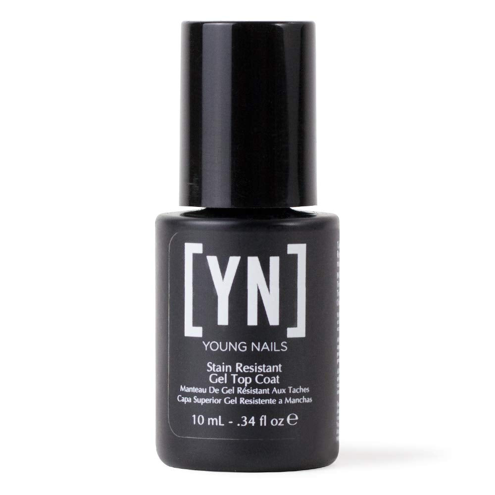 Young Nails stain-resistant top coat bottle ready to seal color and prevent staining.
