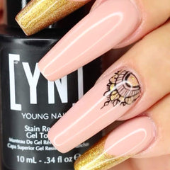 Young Nails stain-resistant top coat on acrylic or hard gel nails for durability.