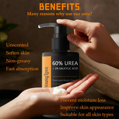 YOUNGYOUNGLOVE 60% urea with 2% salicylic acid exfoliates dry skin near the pump bottle.