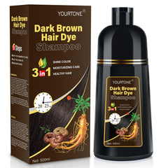 YOURTONE Dark Brown Hair Dye Shampoo packaging shows a 500ml bottle for home use.