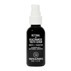 Youth To The People retinal-niacinamide serum bottle closeup highlighting premium nightly formula