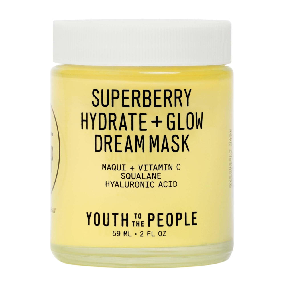 Youth To The People Superberry Dream Mask jar shows rich, hydrating night treatment for dry skin.