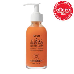 Close-up gel texture in the bottle showing low-foam cleanse for radiant skin