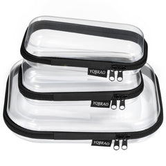 YQBRAO clear hard-shell case front view with neatly organized travel essentials.