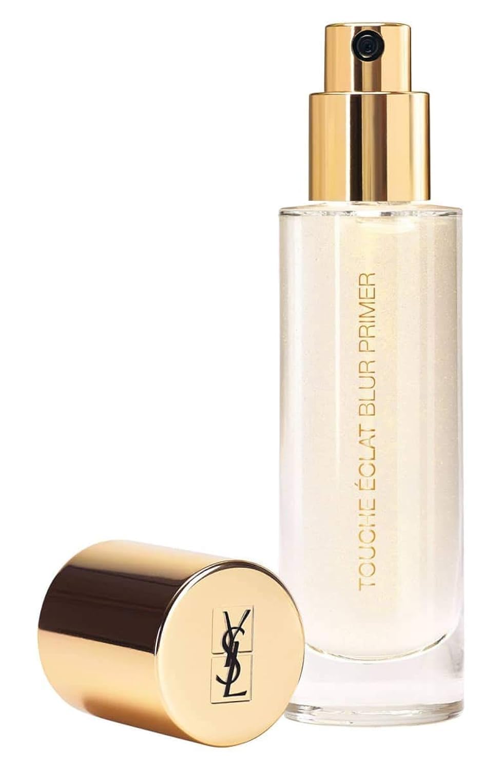 YSL Blur Primer Silver bottle close-up showing light-reflecting particles for radiant skin.