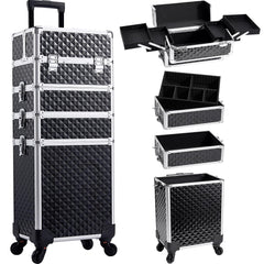 Yueieoun rolling makeup train case front view highlights portable design and sturdy construction.