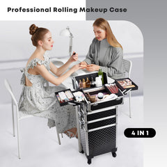 Yueieoun rolling makeup train case middle trays shows modular organization for brushes and kits.