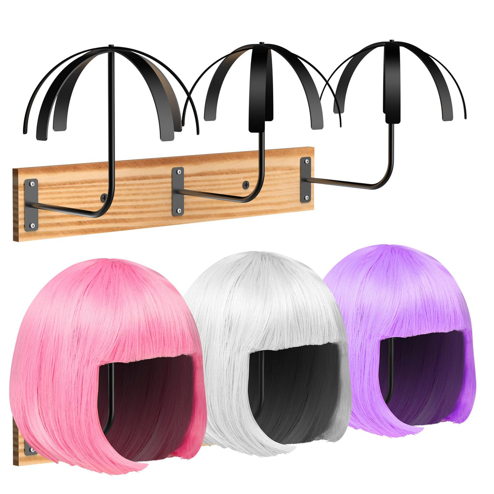 Yumkfoi hanging wig stand setup on wall keeps six wigs organized and accessible.